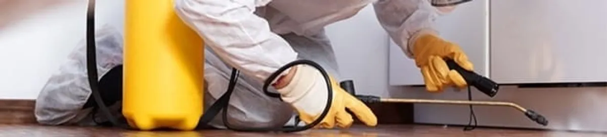 Roach exterminator treating cracks and crevices along kitchen baseboards in Nashville, TN