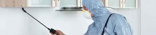Termite treatment technician applying indoor pest control spray in Nashville, TN